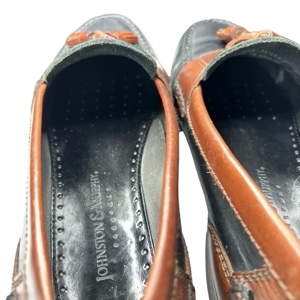 Johnston & Murphy Tassel Loafers Shoe Size 8.5 Black Brown Leather Moc Toe EUC